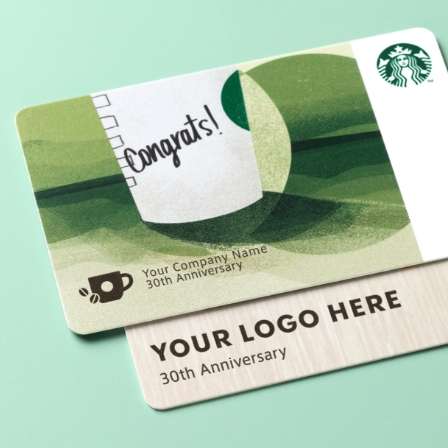 企業や学校のロゴを印刷できる「法人名入れスターバックス カード」が登場。企業の周年や学校行事での記念品におすすめです。